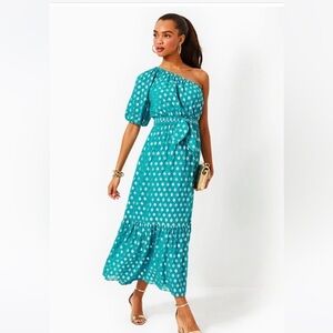 Lilly Pulitzer Teal Zelalynn One-Shoulder Maxi Dress